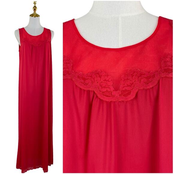 Vintage 70s Red Nylon Chiffon & Lace Trim Maxi Babydoll Nightgown Women’s Size M - Picture 1 of 10